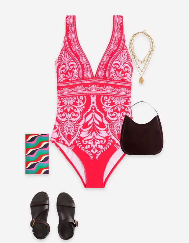 Porto V - neck Swimsuit - Poppy Red, Ornamental Garden | Boden USA